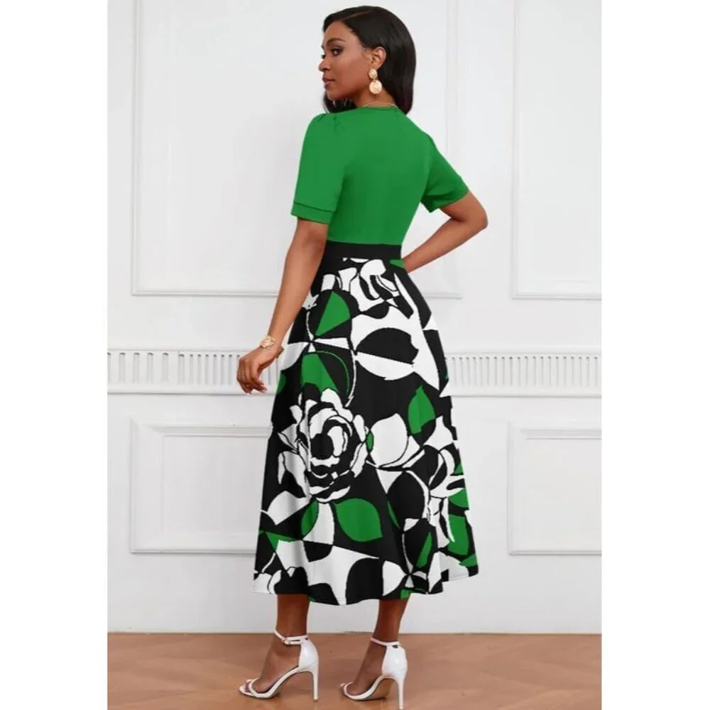 Women's V Neck Midi Dress Polyester Elastane A-Line Short Sleeve Elegant
